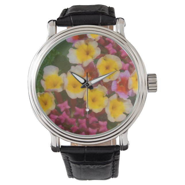 Montre Petites Fleurs Tropicales Jaunes Aux Bureaux Roses (devant)