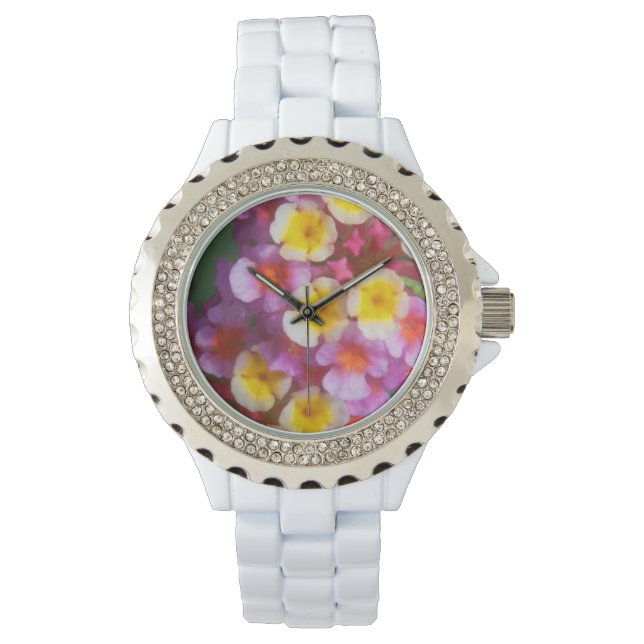 Montre Petites fleurs tropicales rose et violette jaune (devant)