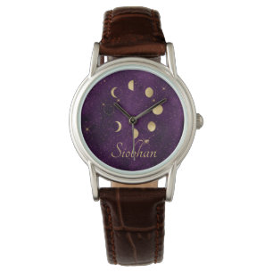 Montre Phases de la lune d'or Étoiles violettes Personnal