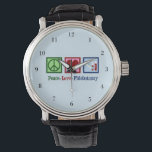Montre Phlebotomiste Peace Love Bureau de la phlébotomie<br><div class="desc">Un cadeau de Noël phlébotomiste cool pour un expert en tirage de sang et aiguilles. Un signe de paix,  un coeur et des flacons de sang. Peace Love Phlebotomy montre.</div>