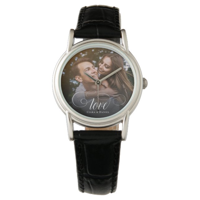 Montre Photo de Custom Elegant Calligraphy Couple Wedding (devant)