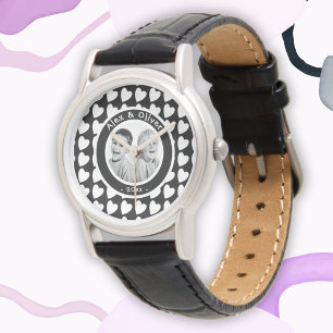 Montre Photo de l'Motif du coeur blanc et noir
