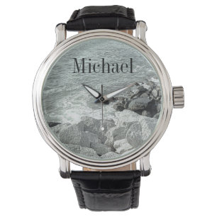 Montre Photo en noir et blanc d'un nom de rivage de l'océ