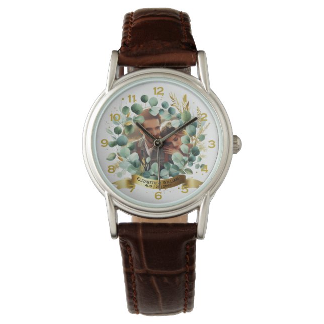 Montre PHOTO Mariage Merci Eucalyptus Feuille Cadeau (devant)