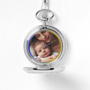 Montre Photo personnalisée Argent bleu, Poche couleur or