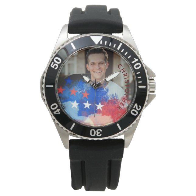 Montre Photo personnalisée et nom avec drapeau américain (devant)