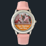 Montre Photo personnalisée et texte fille orange<br><div class="desc">Photo personnalisée et texte Fille orange Coeurs roses mignonnes Regarder avec cadre de coeurs roses bulles</div>