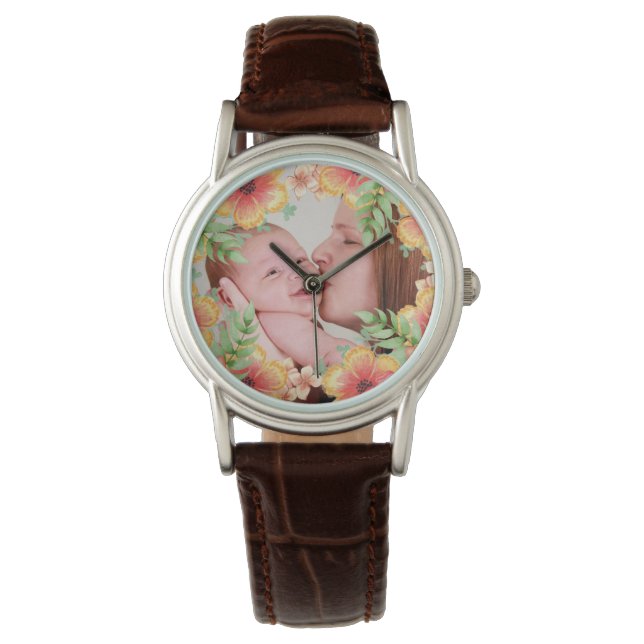 Montre Photo Plutôt Orange Florale Personnalisée (devant)