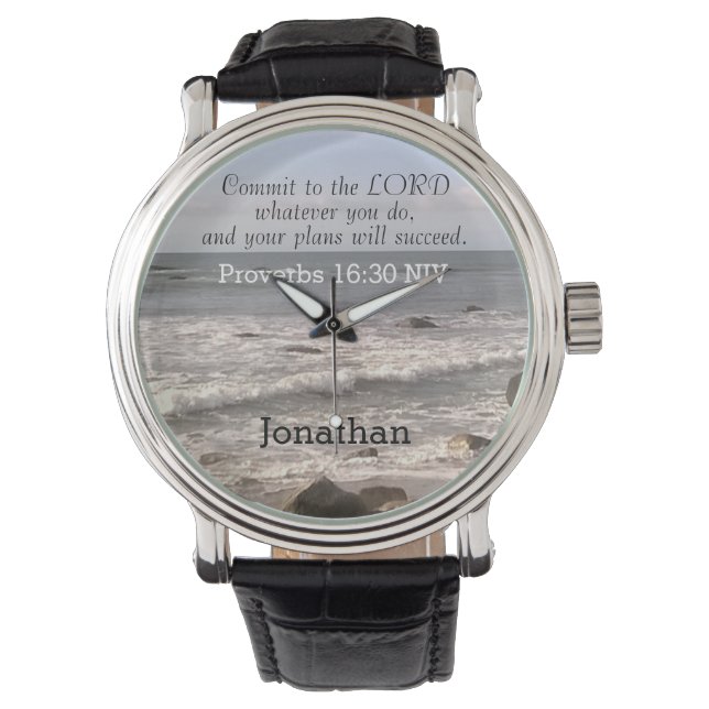 Montre Photo Wavy Ocean Shore Proverbes Bible Verse (devant)