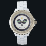 Montre Pickleball Paddles Nom personnalisé Bleu Jaune<br><div class="desc">Le joueur de pickleball ou fan de votre vie adorera cette montre avec des pagaies rayées bleu,  turquoise,  rouille et jaune. Le nom est personnalisable. Une partie d'une collection de Parcel Studios.</div>