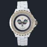 Montre Pickleball Paddles Nom personnalisé Bleu Jaune<br><div class="desc">Le joueur de pickleball ou fan de votre vie adorera cette montre avec des pagaies rayées bleu,  turquoise,  rouille et jaune. Le nom est personnalisable. Une partie d'une collection de Parcel Studios.</div>