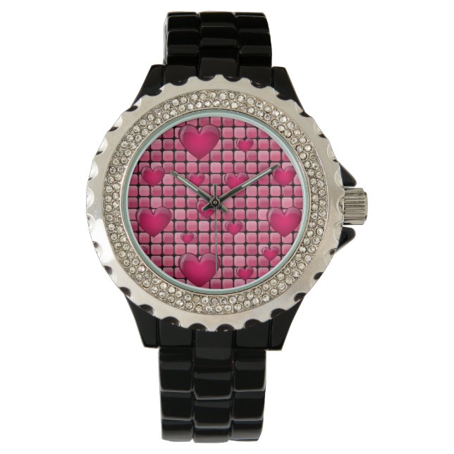 Montre Pile rose Avec Coeurs (devant)