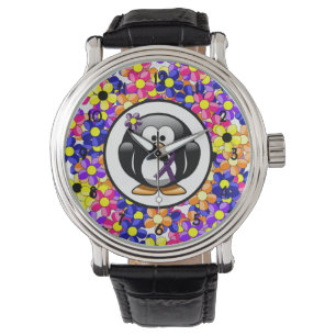 Montre Pingouin à ruban de sensibilisation à la violette