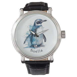 Montre pingouin bleu aquarelle, personnalisable