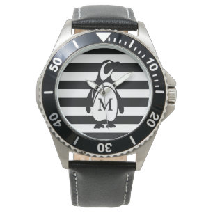 Montre Pingouin noir et blanc rayures Monogramme moderne
