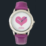Montre Pink Heart Nom personnalisé des enfants<br><div class="desc">Design graphique d'un coeur rose sur un arrière - plan blanc. Vous pouvez personnaliser la montre avec votre propre nom ou vous pouvez supprimer le nom si vous voulez.</div>