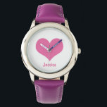 Montre Pink Heart Nom personnalisé des enfants<br><div class="desc">Design graphique d'un coeur rose sur un arrière - plan blanc. Vous pouvez personnaliser la montre avec votre propre nom ou vous pouvez supprimer le nom si vous voulez.</div>