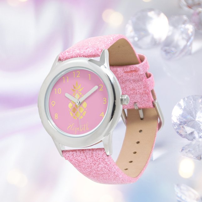 Montre Pink or ananas nom script fille tropicale (Créateur téléchargé)