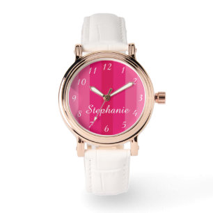 Montre Pink Stripe Name Classy Rose Gold White Band Wrist