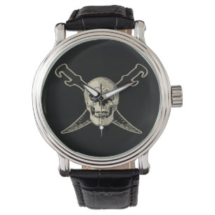 Montre Pirate (Crâne) - Cuir Vintage noir personnalisé 