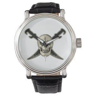 Montre Pirate (Crâne) - Cuir Vintage noir personnalisé 