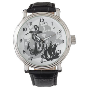 Montre Pirate Ship & Ancre Black Silhouette Watch
