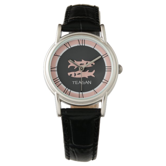 Montre Pisces Zodiac Signal Rose rose gris Nom personnali (devant)
