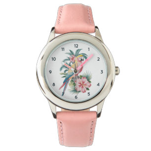 Montre Plage d'été tendance perroquet et fleurs d'Hibiscu