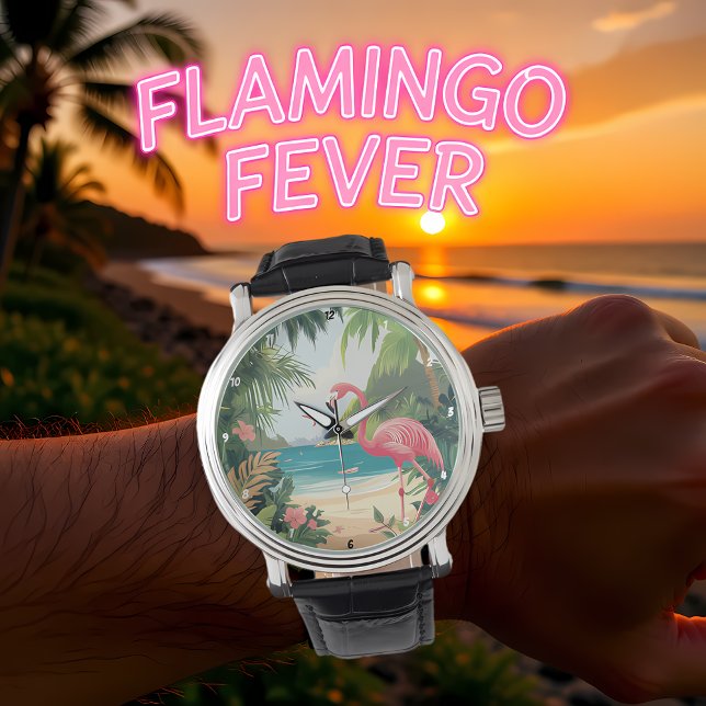 Montre Plage Tropicale aux Flamants Roses  (Créateur téléchargé)