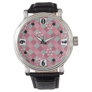 Montre Plaid gris et rose avec fleurs camomilaires