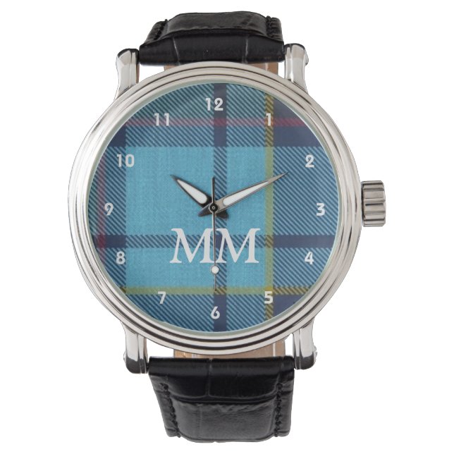 Montre Plaque de tartan bleu monogrammé (devant)