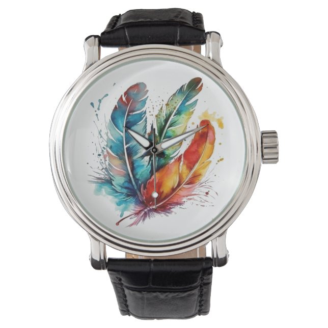Montre Plumes colorées Aquarelle amérindienne (devant)