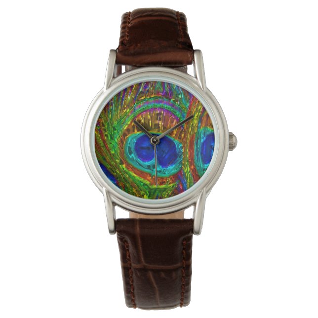 Montre Plumes Peacock Verre Art Watch & Numeral Options (devant)