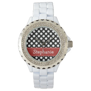 Montre Point de polka noir et blanc rouge personnalisé