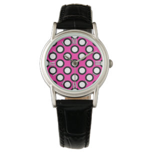 Montre Points tournés, fuchsia, noir et blanc