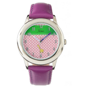 Montre Pois jaune nommé personnalisé de rose de girafe