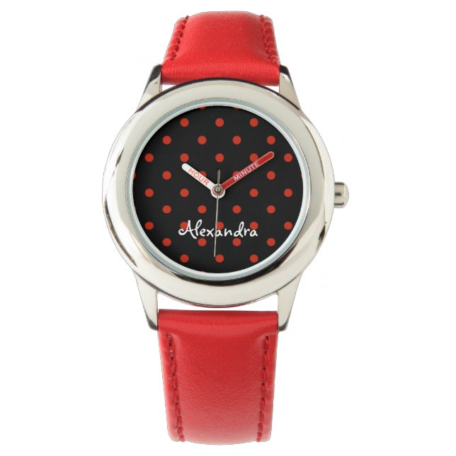Montre Pois rouge motif et nom personnalisé sur noir (devant)