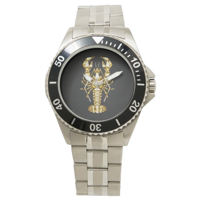 Montre Poisson à langouste polygonale dorée sur noir (devant)