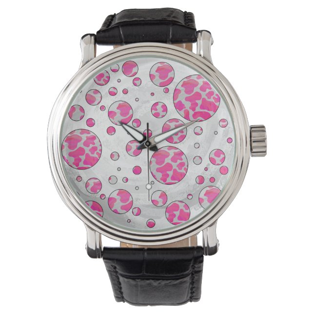 Montre Poka Dot Vache rose et blanc (devant)
