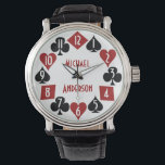 Montre Poker Casino Gambler Card Costumes Nom Personnalis<br><div class="desc">Cette montre à bracelet à thème poker cool / casino a des costumes de carte rouge et noir dans un cercle avec des numéros stylisés, modernes de montre en blanc. Les pique-niques, trèfle, coeur et diamants entourent le centre, où vous pouvez utiliser le modèle facile pour ajouter votre nom ou...</div>