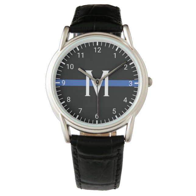 Montre Police Ligne Bleue Mince Monogramme Initiale (devant)