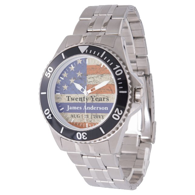 Montre Police Retraite Watch Mince Ligne Bleue Drapeau US (Incliné)