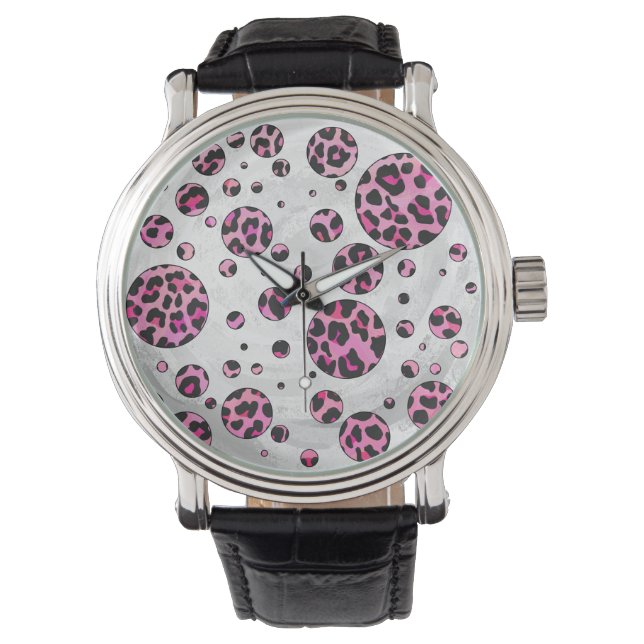 Montre Polka Leopard Pot noir et rose chaud (devant)