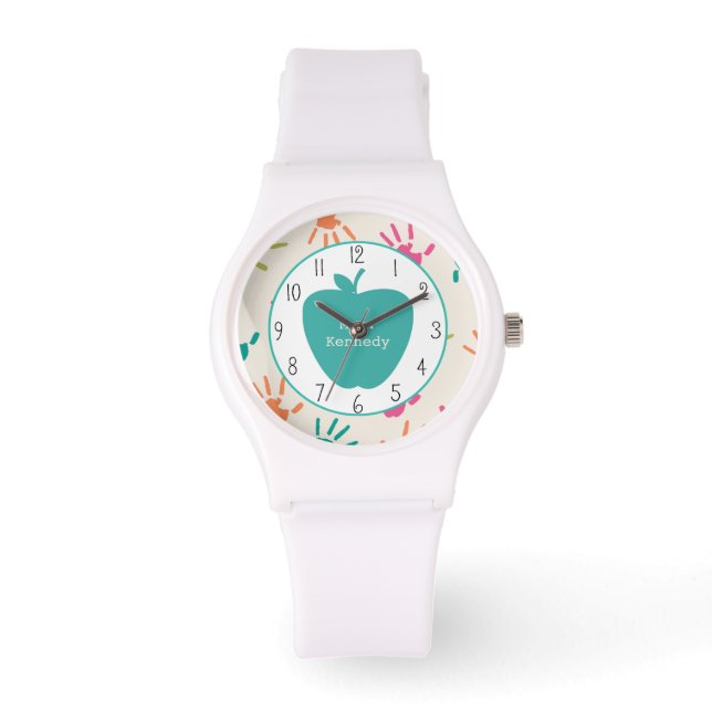 Montre Pomme Turquoise Empreintes colorées Enseignant (Recto)