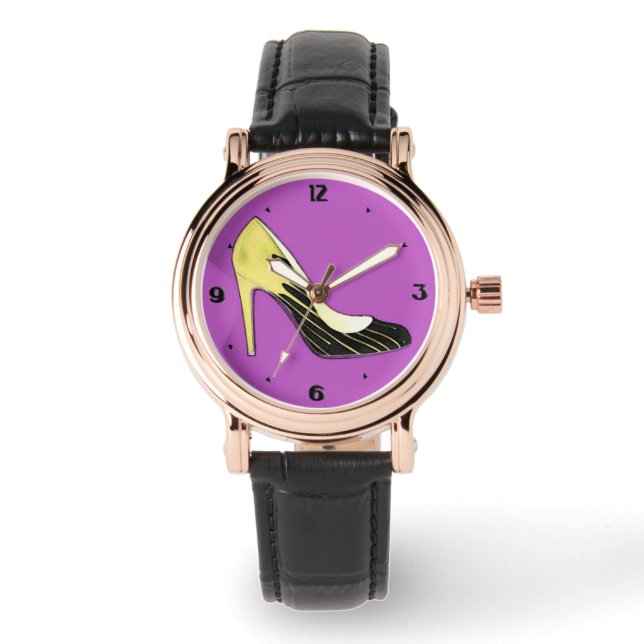 Montre Pompe Stiletto, jaune sur violet (Recto)