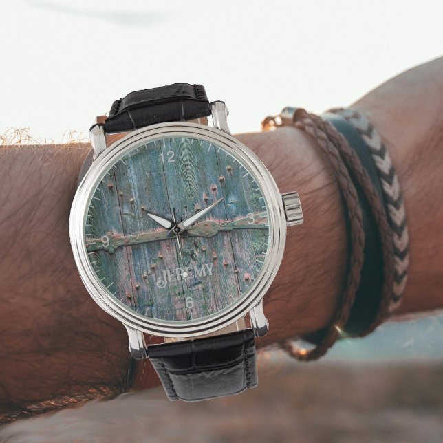 Montre Porte en bois rustique et fer en bleu, personnalis (Créateur téléchargé)