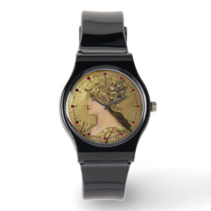 MONTRE PORTRAIT ATHENA AVEC CASQUE EN OR, GRIFFINES, RUBY