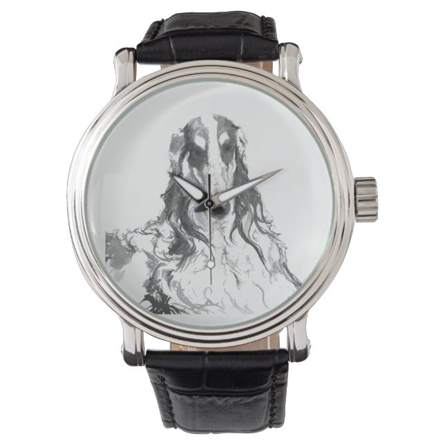 Montre Portrait Borzoi Noir Et Blanc (devant)