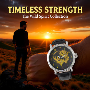 Montre Portrait De Bison D'Or Avec Silhouette De Forêt