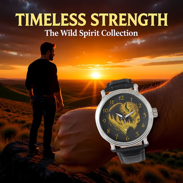 Montre Portrait De Bison D'Or Avec Silhouette De Forêt (Créateur téléchargé)
